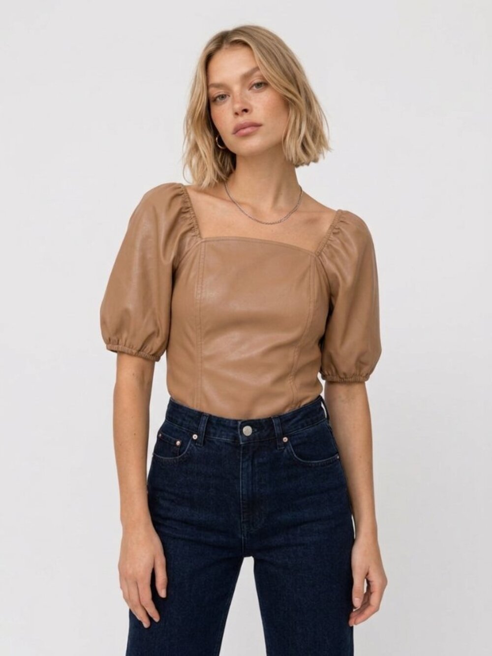Marc New York Andrew Marc Congac Ballon Sleeve Faux Leather Top Size Small